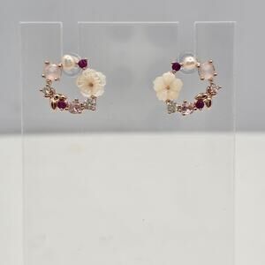 Cottagecore Delicate Pink Gold Floral Wreath Earrings Pearl Ruby Crystal